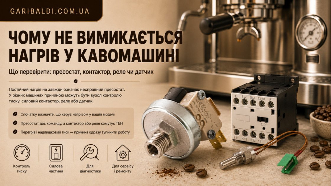 Кавомашина постійно гріє і не вимикається: пресостат, контактор чи датчик